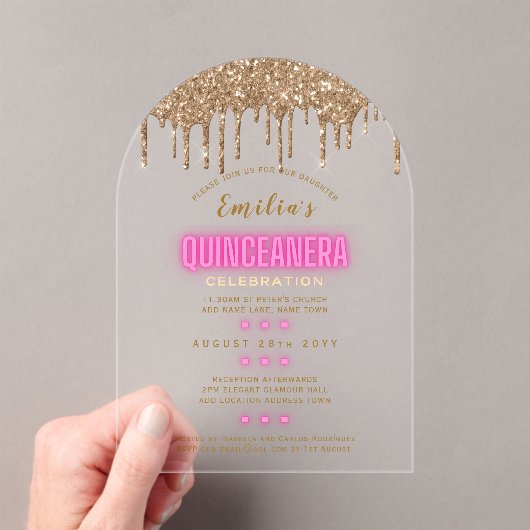 ACRYLIC Quinceanera Roze Goud Glam Diva Quince Acryl Uitnodigingen (Insitu (Draagbaar))