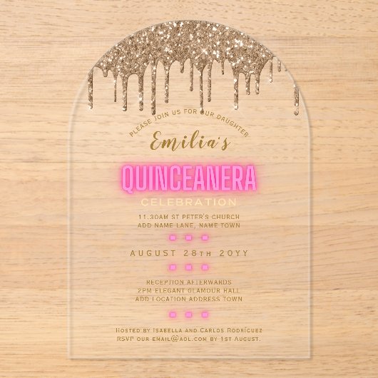 ACRYLIC Quinceanera Roze Goud Glam Diva Quince Acryl Uitnodigingen (Voorkant)