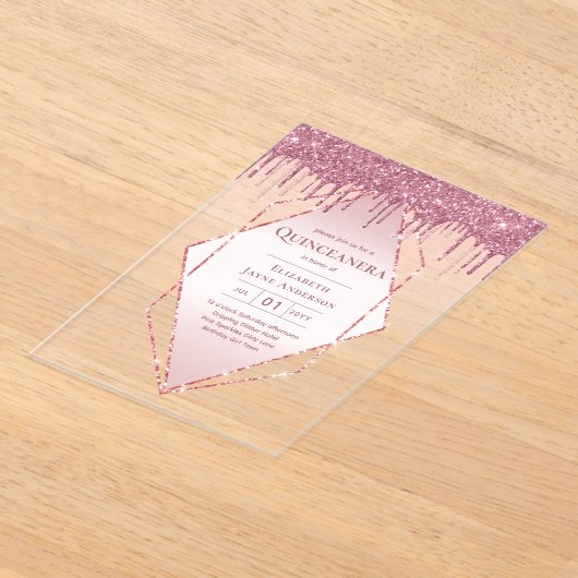 ACRYLIC Quinceanera Roze Goud Roze Glitters Acryl Uitnodigingen (Laagn)