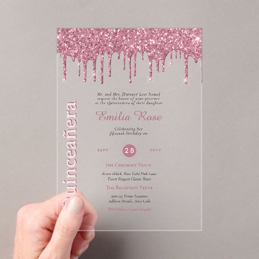 ACRYLIC Quinceanera Roze Goud Roze Glitters Acryl Uitnodigingen (Insitu (Draagbaar))