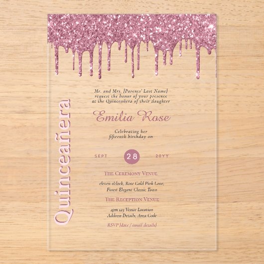 ACRYLIC Quinceanera Roze Goud Roze Glitters Acryl Uitnodigingen (Voorkant)
