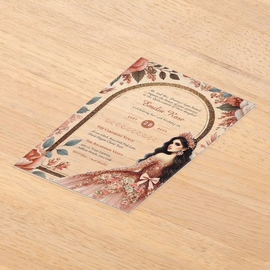 ACRYLIC Quinceanera Roze Goud Roze Jurk Tiara Acryl Uitnodigingen (Laagn)