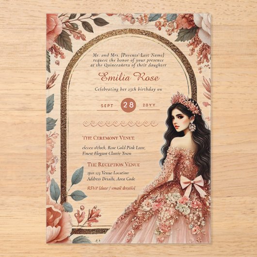 ACRYLIC Quinceanera Roze Goud Roze Jurk Tiara Acryl Uitnodigingen (Voorkant)