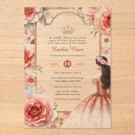 ACRYLIC Quinceanera Roze Goud Roze Jurk Tiara Acryl Uitnodigingen (Voorkant)