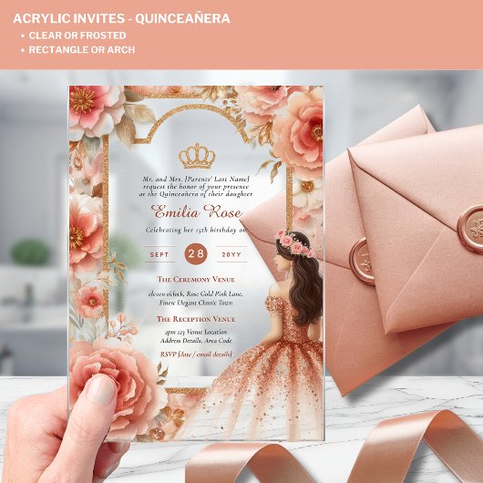 ACRYLIC Quinceanera Roze Goud Roze Jurk Tiara Acryl Uitnodigingen