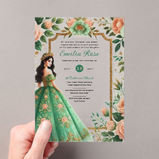 ACRYLIC Quinceañera Smaragdgroene Gouden Jurk Acryl Uitnodigingen (Insitu (Draagbaar))