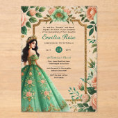 ACRYLIC Quinceañera Smaragdgroene Gouden Jurk Acryl Uitnodigingen (Voorkant)