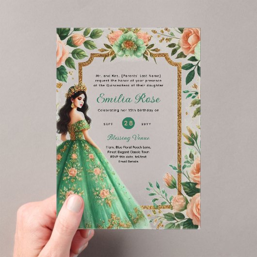 ACRYLIC Quinceañera Smaragdgroene Gouden Jurk Acryl Uitnodigingen (Insitu (Draagbaar))