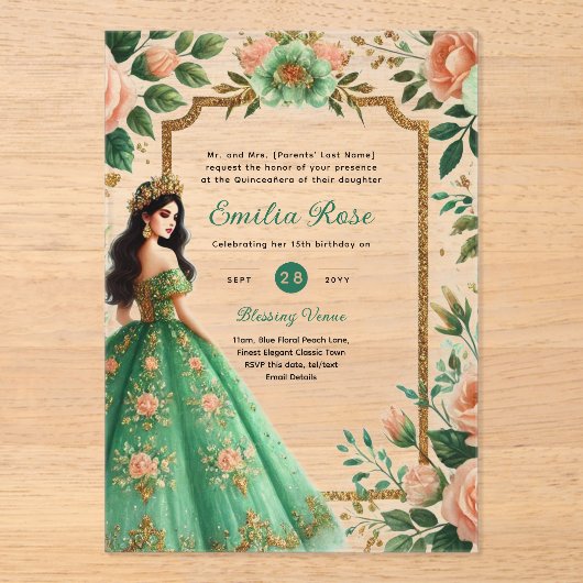 ACRYLIC Quinceañera Smaragdgroene Gouden Jurk Acryl Uitnodigingen (Voorkant)