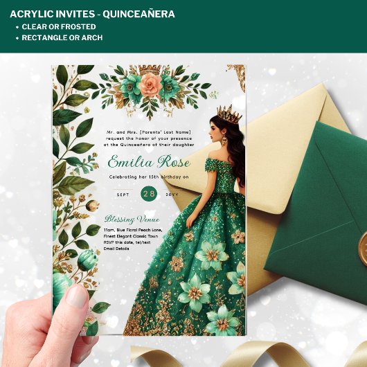 ACRYLIC Quinceañera Smaragdgroene Gouden Jurk Acryl Uitnodigingen