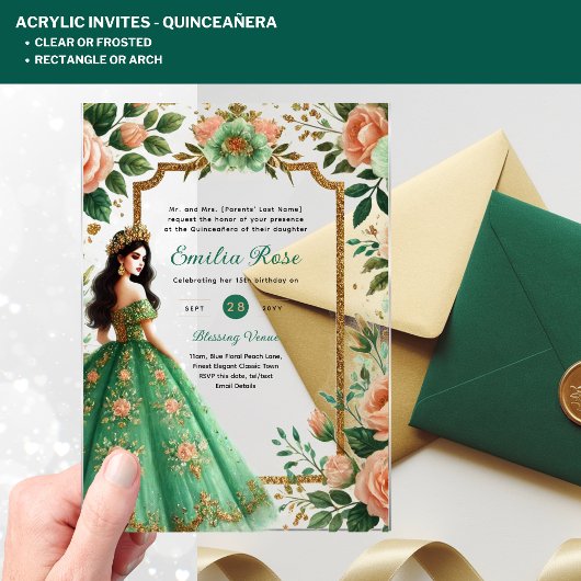 ACRYLIC Quinceañera Smaragdgroene Gouden Jurk Acryl Uitnodigingen