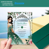ACRYLIC Quinceañera Smaragdgroene Zilveren Jurk Acryl Uitnodigingen