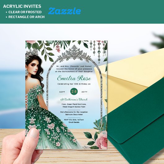 ACRYLIC Quinceañera Smaragdgroene Zilveren Jurk Acryl Uitnodigingen