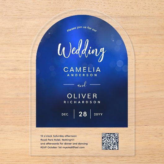 ACRYLIC TROUW DIEPE OMBRE BLAUWE QR CODE RSVP ACRYL UITNODIGINGEN (Voorkant)