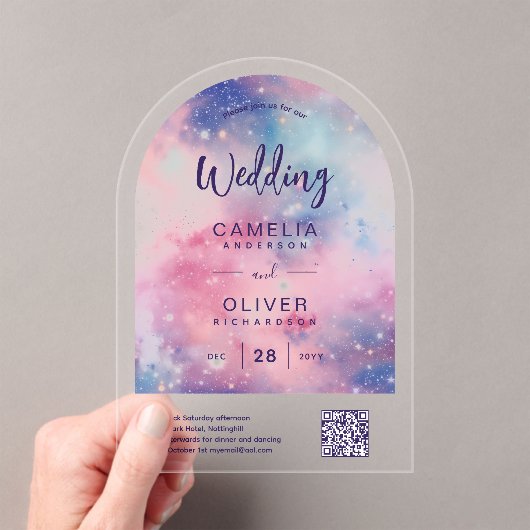 ACRYLIC TROUW Sterrennacht Roze Blauw QRCode RSVP Acryl Uitnodigingen (Insitu (Draagbaar))