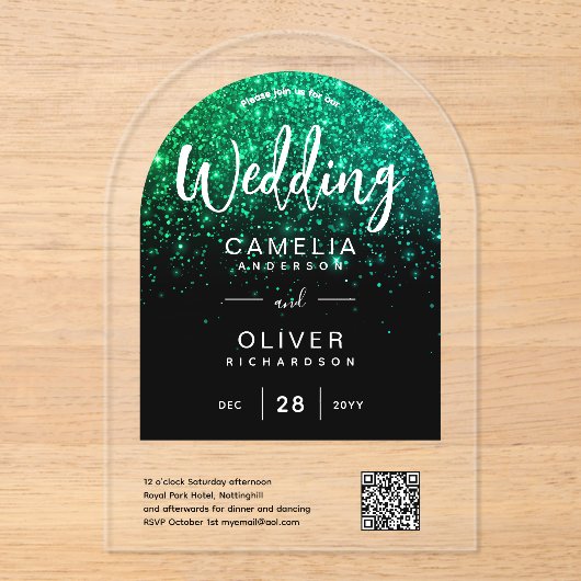 ACRYLIC TROUWEN Groene Glitters QR Code RSVP Websi Acryl Uitnodigingen (Voorkant)