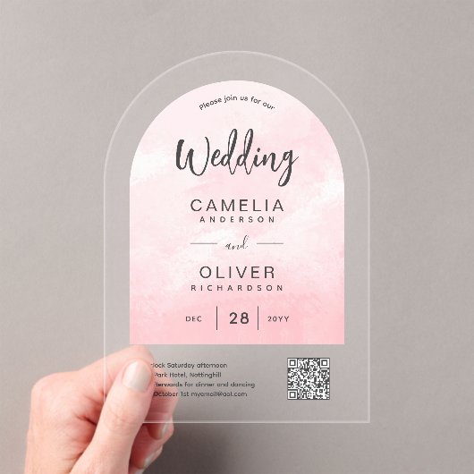 ACRYLIC TROUWEN Roze Ombre Grijs QR Code RSVP Acryl Uitnodigingen (Insitu (Draagbaar))
