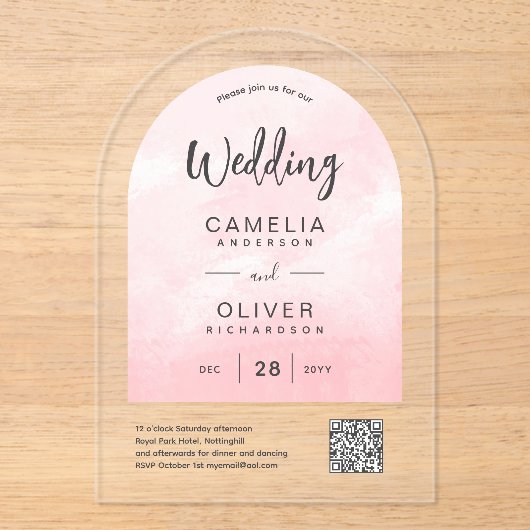 ACRYLIC TROUWEN Roze Ombre Grijs QR Code RSVP Acryl Uitnodigingen (Voorkant)