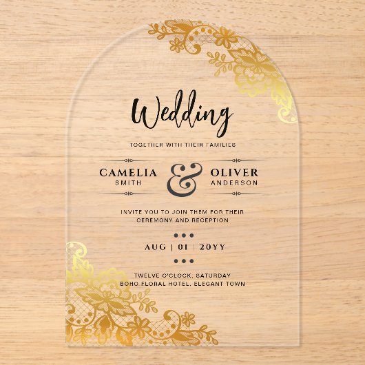 ACRYLIC Trouwkaarten Elegant Gouden Kant Acryl Uitnodigingen (Voorkant)