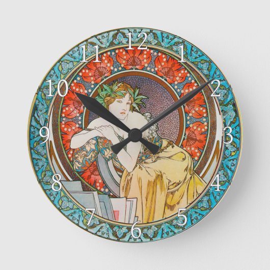 Acrylic Wall Clock Art Nouveau Alphonse Mucha 16 Ronde Klok (Voorkant)