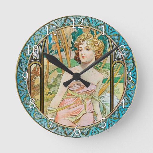 Acrylic Wall Clock Art Nouveau Alphonse Mucha 19 Ronde Klok (Voorkant)