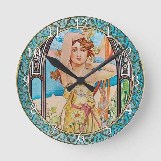 Acrylic Wall Clock Art Nouveau Alphonse Mucha 20 Ronde Klok (Voorkant)
