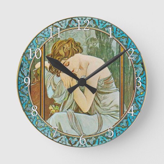 Acrylic Wall Clock Art Nouveau Alphonse Mucha 22 Ronde Klok (Voorkant)