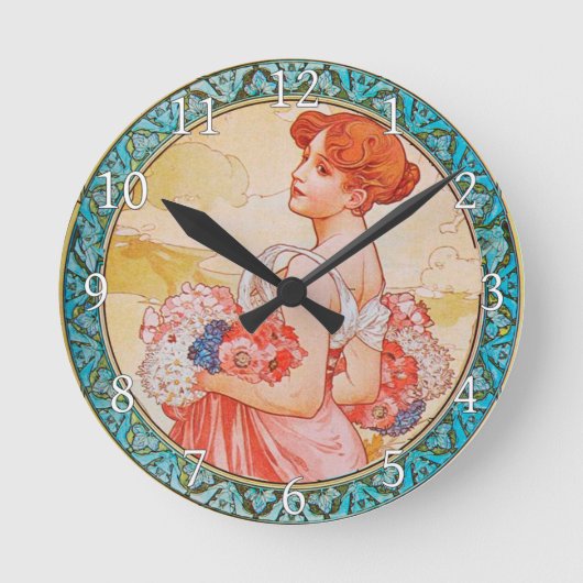 Acrylic Wall Clock Art Nouveau Alphonse Mucha 27 Ronde Klok (Voorkant)