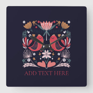 ACRYLIC WALL CLOCK: RED BOHO BIRDS VIERKANTE KLOK