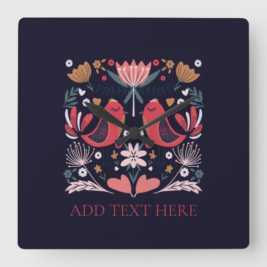 ACRYLIC WALL CLOCK: RED BOHO BIRDS VIERKANTE KLOK (Voorkant)