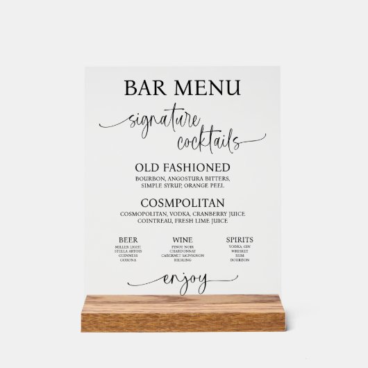 Acrylic Wedding Bar Menu Sign Acryl Bord (Voorkant)