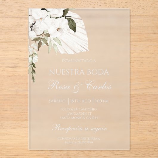 Acrylic white boho Spanish wedding Acryl Uitnodigingen (Voorkant)