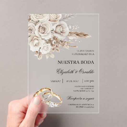 Acrylic White Floral Spanish Wedding Invitation Acryl Uitnodigingen (Insitu (Draagbaar))