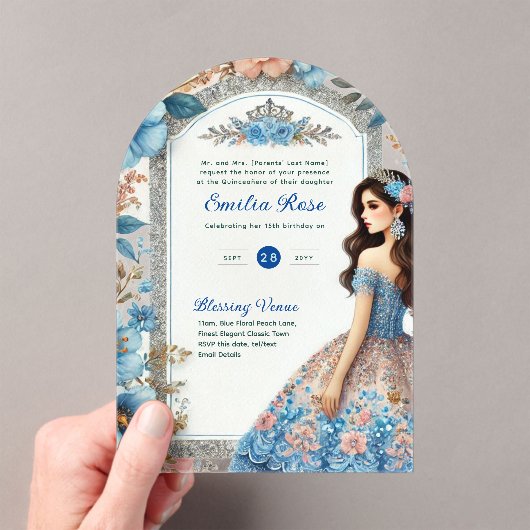 Acrylica Quinceañera Blauwe Zilveren Perzikjurk Bl Acryl Uitnodigingen (Insitu (Draagbaar))