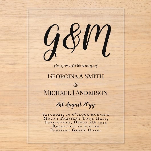 ACRYLICHE TROUWKAARTEN ZWARTE TEKST Vette Beginlet Acryl Uitnodigingen (Voorkant)