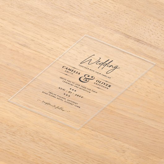 ACRYLICHE TROUWKAARTEN ZWARTE TEKST Vette Beginlet Acryl Uitnodigingen (Laagn)