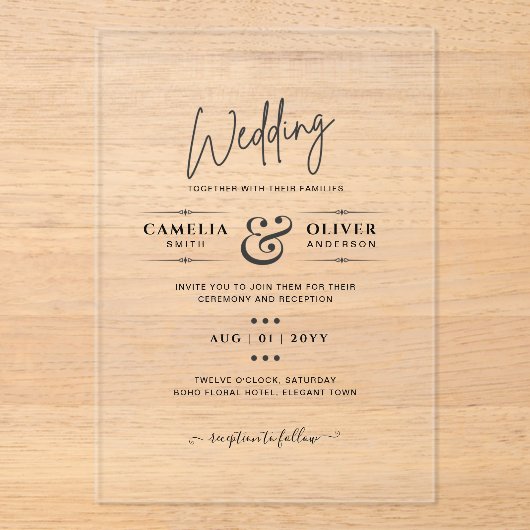 ACRYLICHE TROUWKAARTEN ZWARTE TEKST Vette Beginlet Acryl Uitnodigingen (Voorkant)