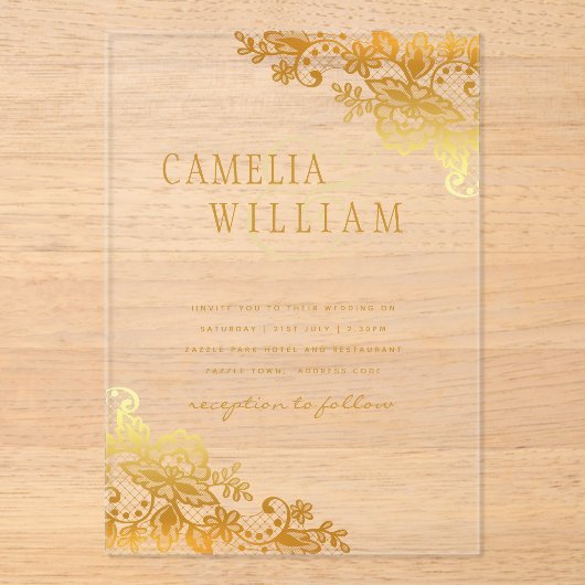 ACRYLIEKEN Huwelijksuitnodigingen Gouden Kant Mode Acryl Uitnodigingen (Voorkant)