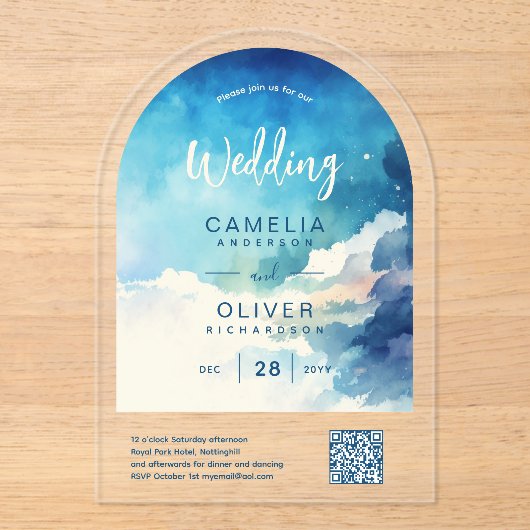 ACRYLISCH TROUWEN Hemels Luchtblauw QR Code RSVP Acryl Uitnodigingen (Voorkant)
