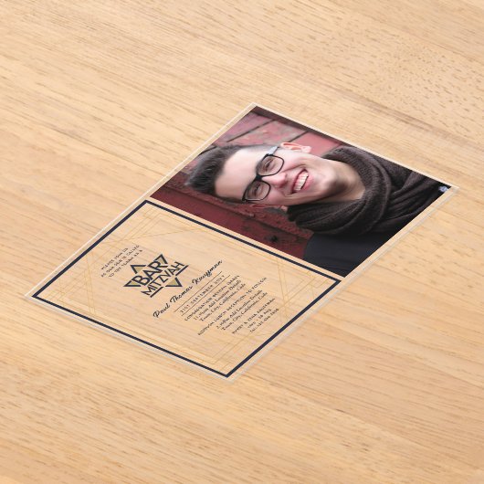 ACRYLISCHE BAR MITZVAH-foto met blauwe gouden Davi Acryl Uitnodigingen (Laagn)