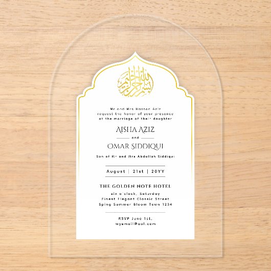 ACRYLISCHE NIKAH WALIMA Witte Goud Elegant Acryl Uitnodigingen (Voorkant)