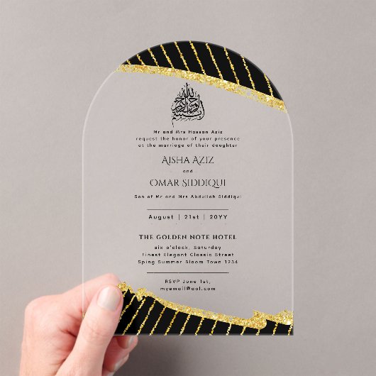 ACRYLISCHE NIKAH WALIMA ZwartGoud Elegante Islamit Acryl Uitnodigingen (Insitu (Draagbaar))