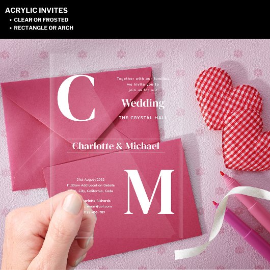 Acrylische trouwkaarten WITTE TEKST Vette Initiale Acryl Uitnodigingen
