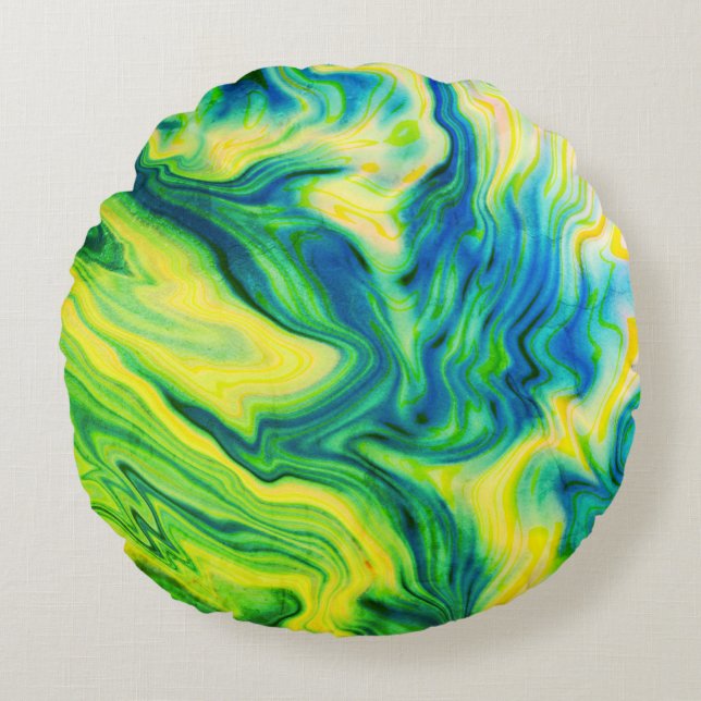 Acrylkleurstof, blauw, groen, geel / rond kussen (Voorkant)