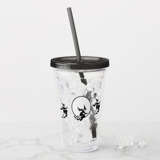 Acryltumbler — vliegende heks en volle maan acryl drinkbeker (Voorkant ijs)