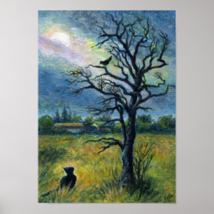 Acrylverf, kat, vogel en moer poster