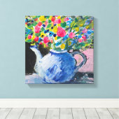 Acrylverf, kleurrijke bloemen in de theepot canvas afdruk (Insitu (Houten vloer))
