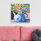 Acrylverf, kleurrijke bloemen in de theepot canvas afdruk (Insitu (Woonkamer))