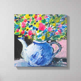Acrylverf, kleurrijke bloemen in de theepot canvas afdruk