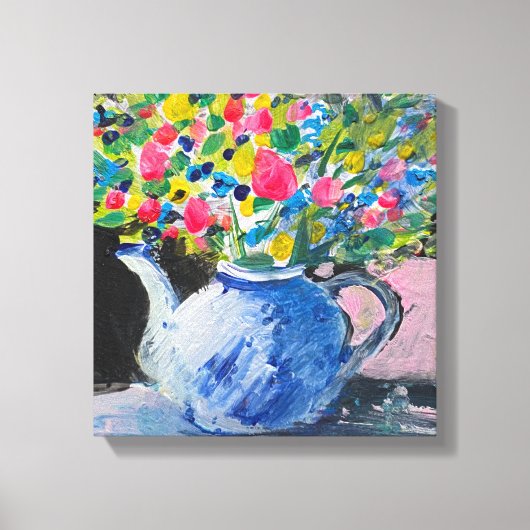 Acrylverf, kleurrijke bloemen in de theepot canvas afdruk (Voorkant)
